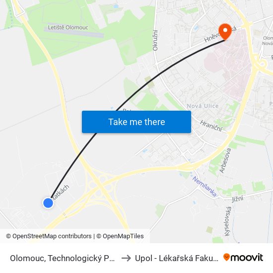 Olomouc, Technologický Park to Upol - Lékařská Fakulta map