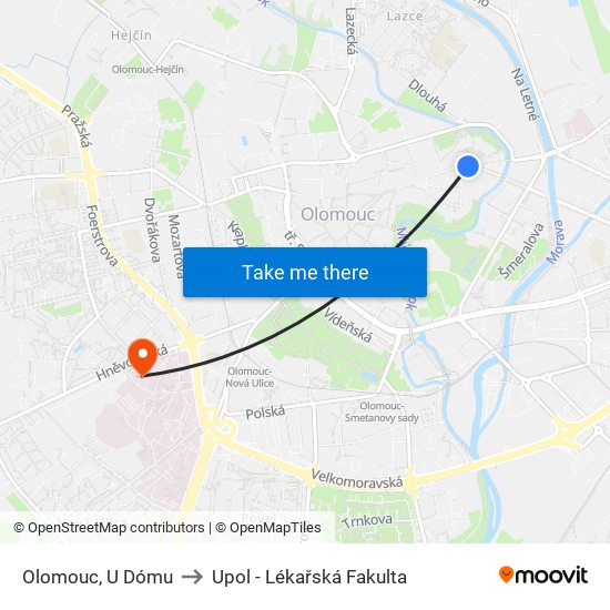 Olomouc, U Dómu to Upol - Lékařská Fakulta map