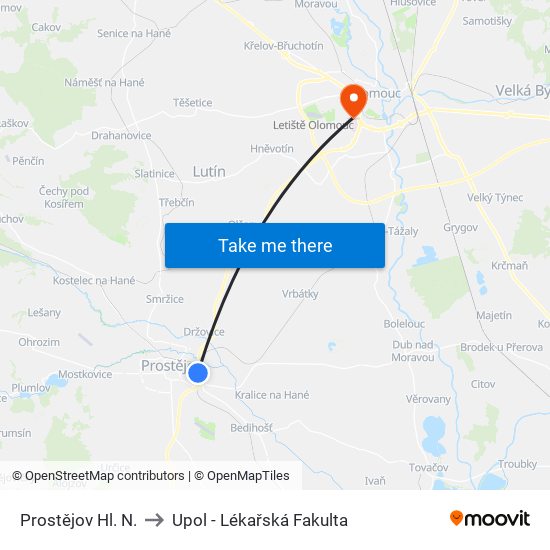 Prostějov Hl. N. to Upol - Lékařská Fakulta map