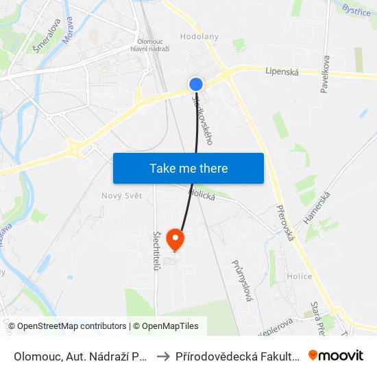 Olomouc, Aut. Nádraží Podchod to Přírodovědecká Fakulta Up Ol map