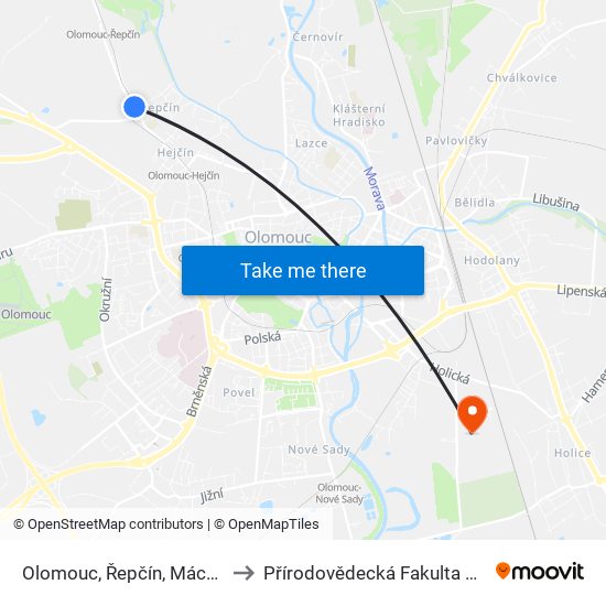 Olomouc, Řepčín, Máchova to Přírodovědecká Fakulta Up Ol map