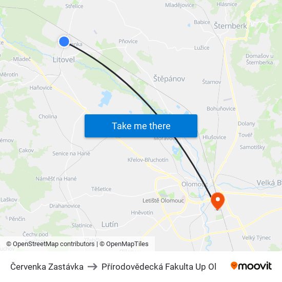 Červenka Zastávka to Přírodovědecká Fakulta Up Ol map