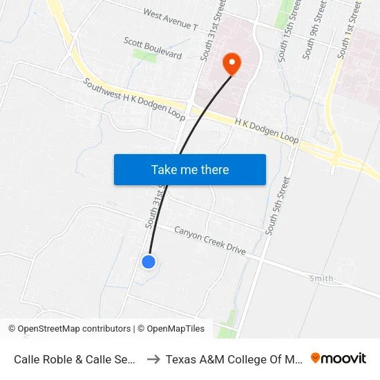 Calle Roble & Calle Secoya St to Texas A&M College Of Medicine map