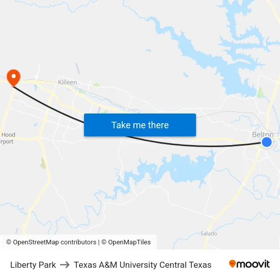 Liberty Park to Texas A&M University Central Texas map