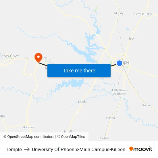 Temple to University Of Phoenix-Main Campus-Killeen map