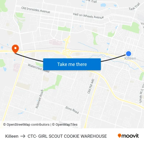 Killeen to CTC- GIRL SCOUT COOKIE WAREHOUSE map