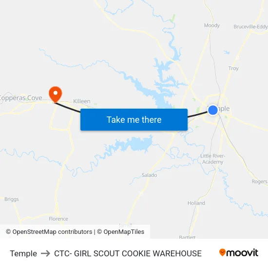 Temple to CTC- GIRL SCOUT COOKIE WAREHOUSE map