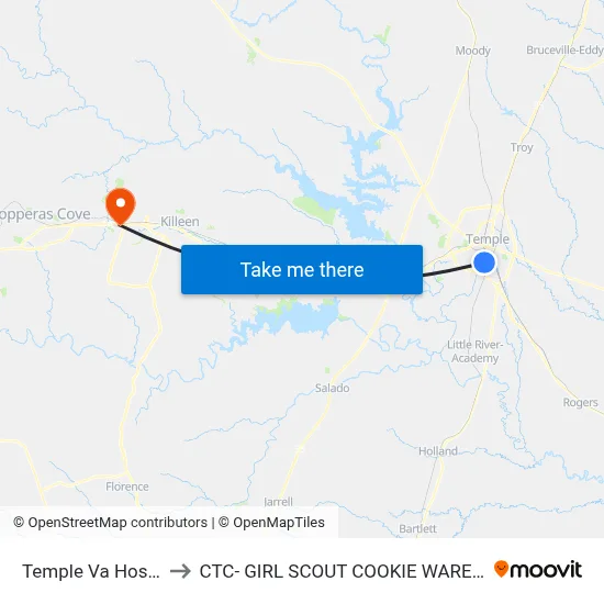 Temple Va Hospital to CTC- GIRL SCOUT COOKIE WAREHOUSE map