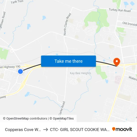 Copperas Cove Walmart to CTC- GIRL SCOUT COOKIE WAREHOUSE map