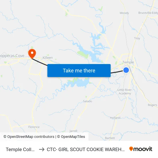 Temple College to CTC- GIRL SCOUT COOKIE WAREHOUSE map