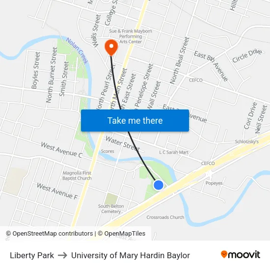 Liberty Park to University of Mary Hardin Baylor map