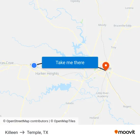 Killeen to Temple, TX map