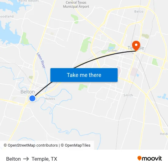 Belton to Temple, TX map