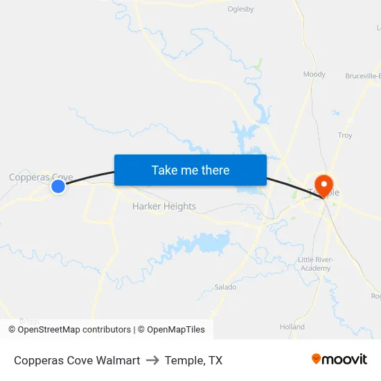 Copperas Cove Walmart to Temple, TX map