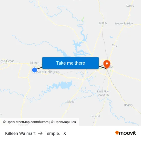 Killeen Walmart to Temple, TX map