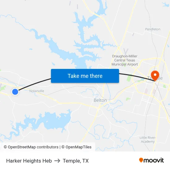 Harker Heights Heb to Temple, TX map