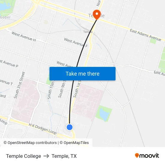 Temple College to Temple, TX map