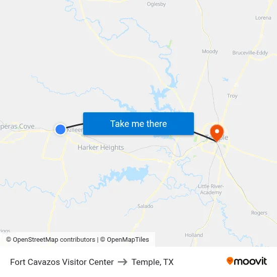 Fort Cavazos Visitor Center to Temple, TX map