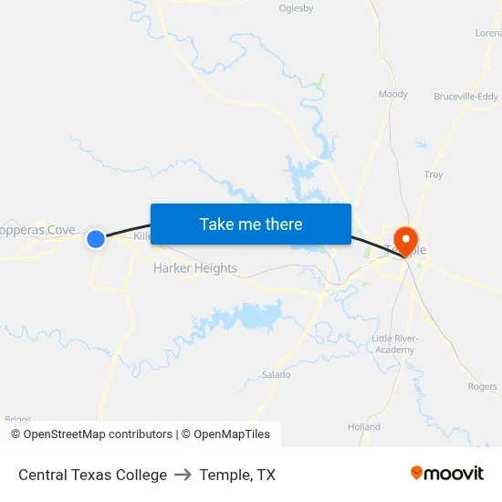 Central Texas College to Temple, TX map
