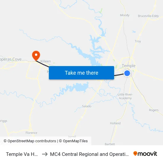 Temple Va Hospital to MC4 Central Regional and Operations Complex map