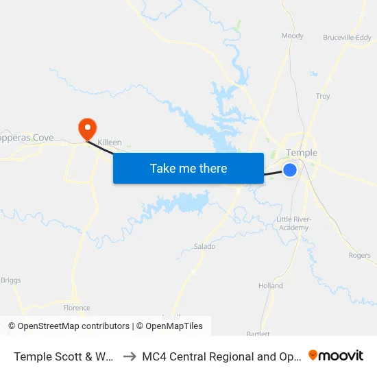 Temple Scott & White Hospital to MC4 Central Regional and Operations Complex map