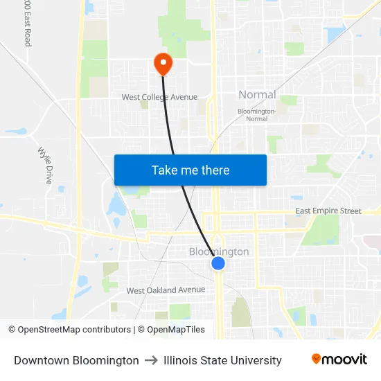 Downtown Bloomington to Illinois State University map
