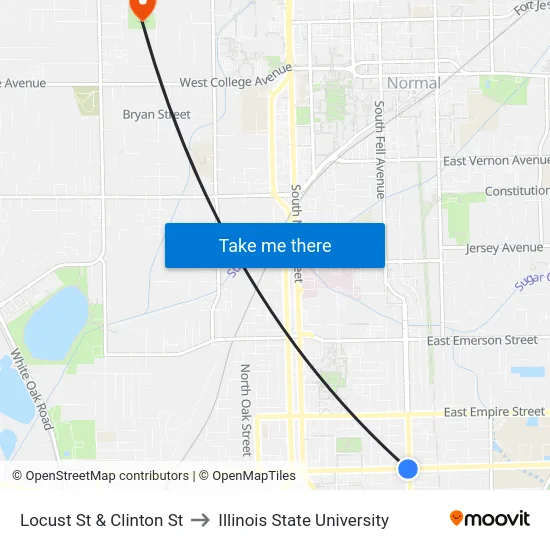 Locust St & Clinton St to Illinois State University map