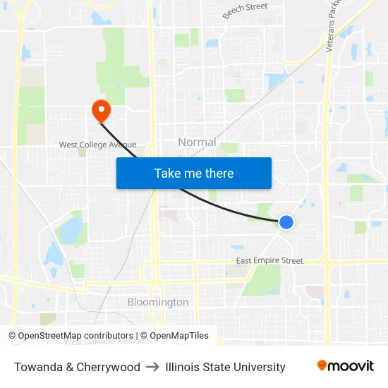 Towanda & Cherrywood to Illinois State University map