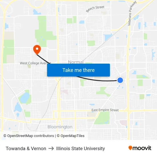 Towanda & Vernon to Illinois State University map