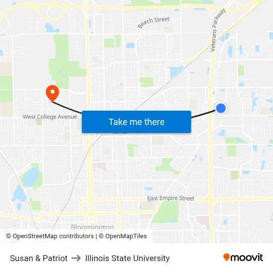 Susan & Patriot to Illinois State University map