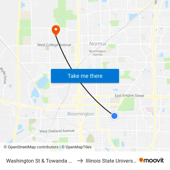 Washington St & Towanda Ave to Illinois State University map