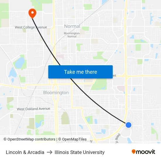 Lincoln & Arcadia to Illinois State University map