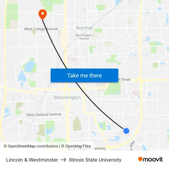 Lincoln & Westminster to Illinois State University map