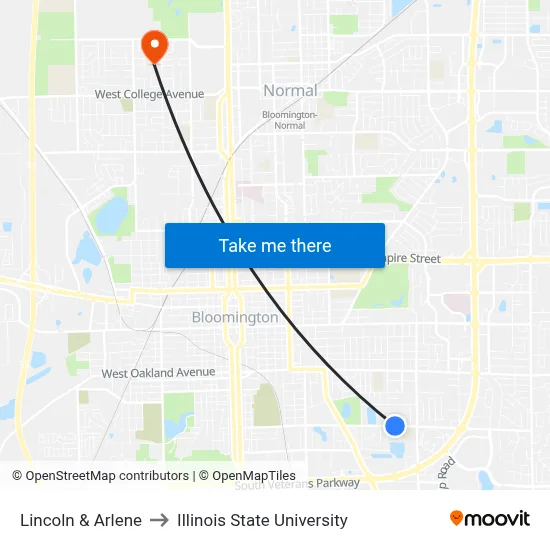 Lincoln & Arlene to Illinois State University map