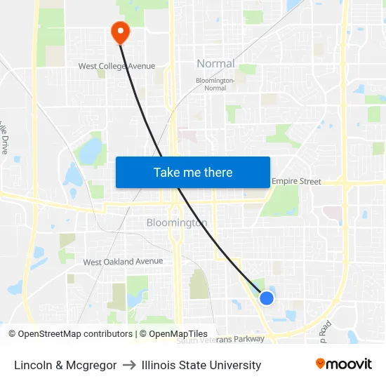 Lincoln & Mcgregor to Illinois State University map