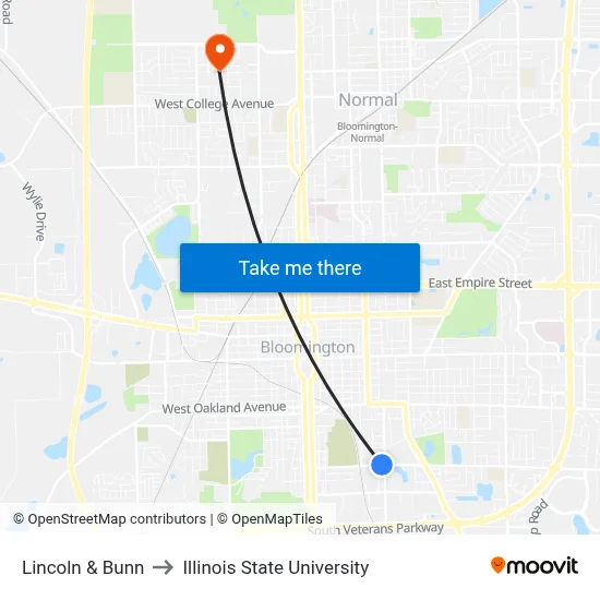 Lincoln & Bunn to Illinois State University map