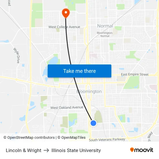 Lincoln & Wright to Illinois State University map