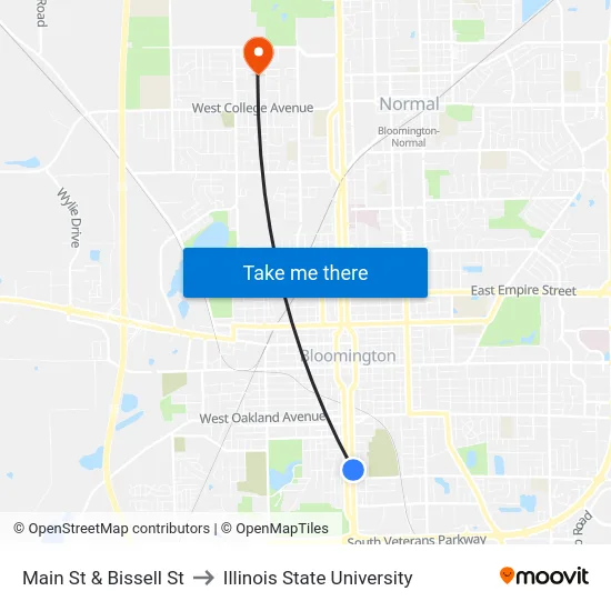 Main St & Bissell St to Illinois State University map