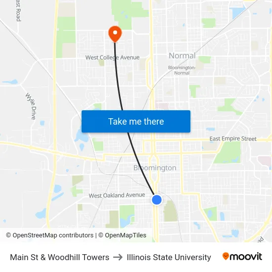 Main St & Woodhill Towers to Illinois State University map