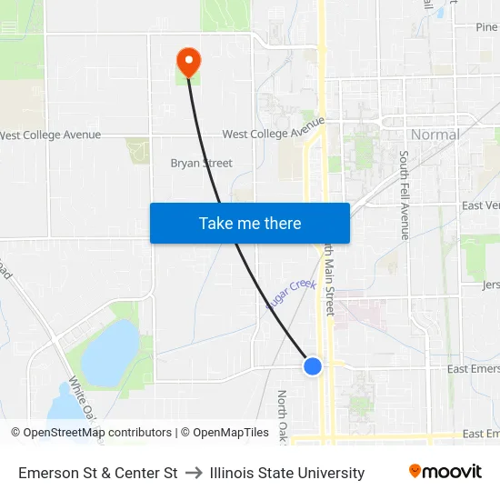 Emerson St & Center St to Illinois State University map