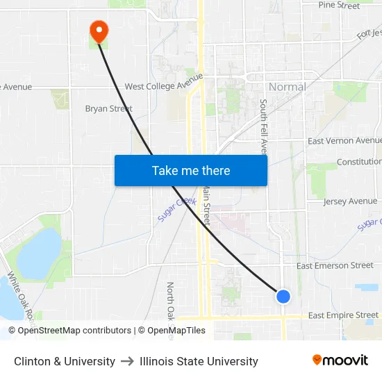 Clinton & University to Illinois State University map