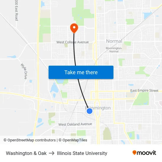 Washington & Oak to Illinois State University map