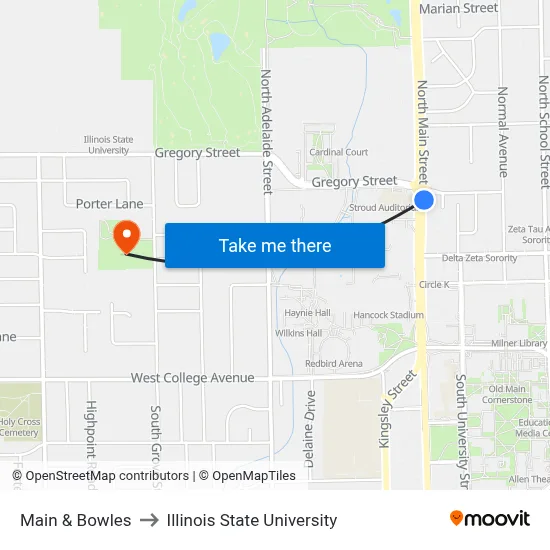 Main & Bowles to Illinois State University map