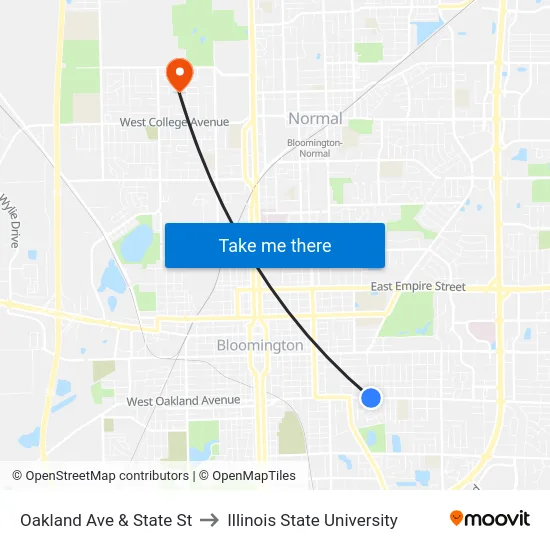 Oakland Ave & State St to Illinois State University map