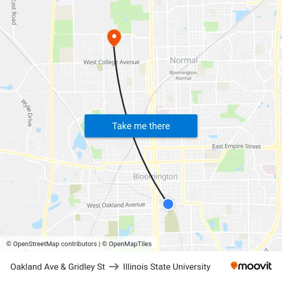 Oakland Ave & Gridley St to Illinois State University map