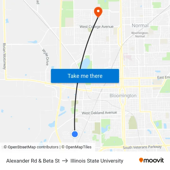 Alexander Rd & Beta St to Illinois State University map
