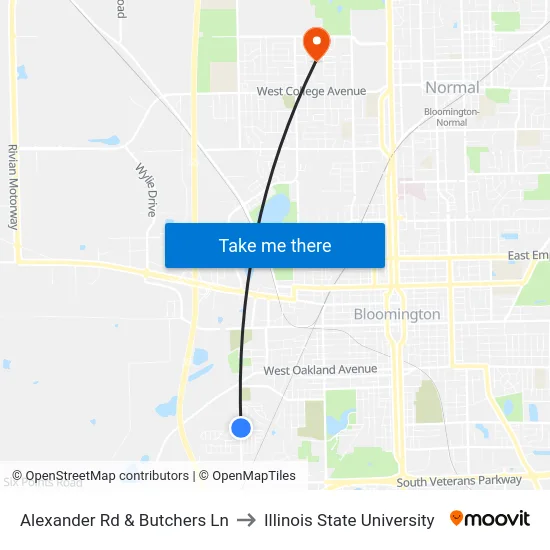 Alexander Rd & Butchers Ln to Illinois State University map