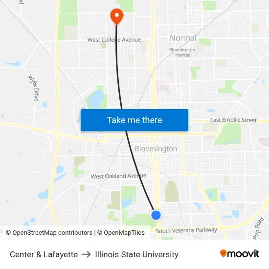 Center & Lafayette to Illinois State University map