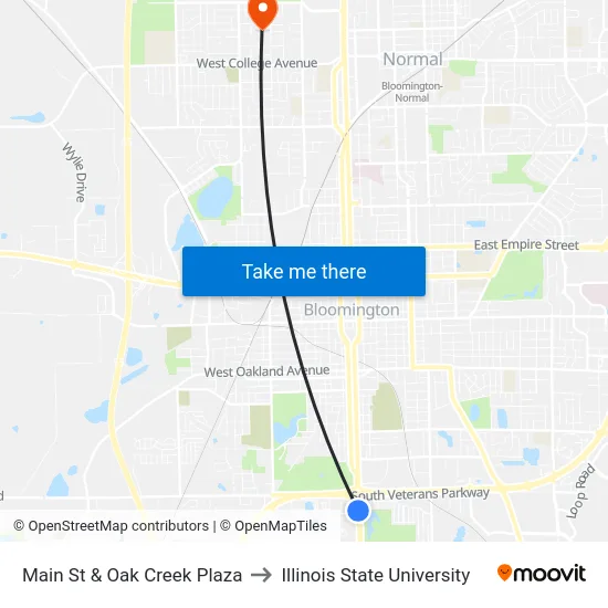 Main St & Oak Creek Plaza to Illinois State University map