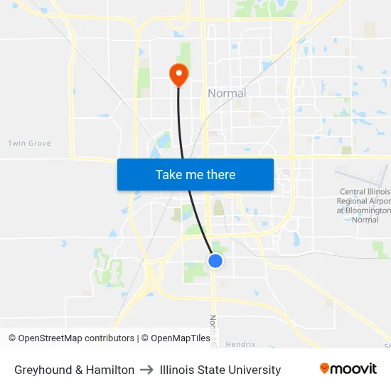 Greyhound & Hamilton to Illinois State University map